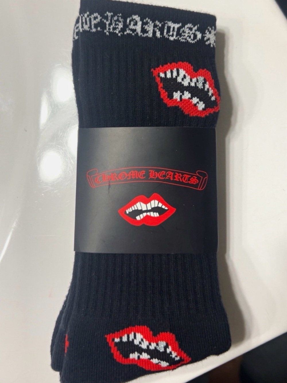 Chrome Hearts Black Crew Socks with Red Lip Graphic